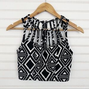 Alt.B Geometric Tribal Crop Top Small Black White Strappy Cage Back Zipper